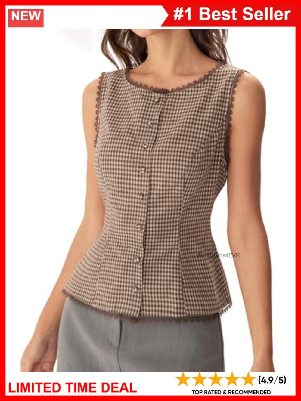 Womens Sleeveless Button Down Blouse Lace Trim Fitted Work Top